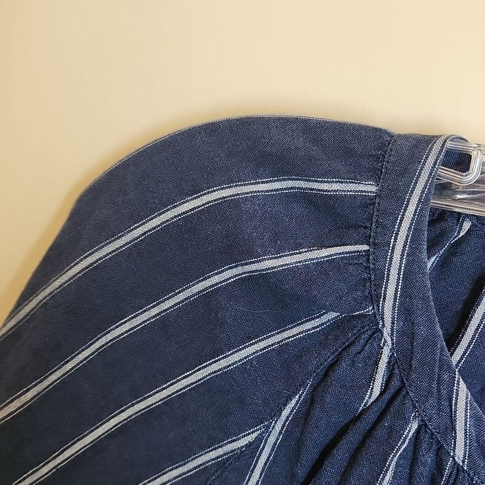 JCREW Linen Blend Denim Top Full Button Front Cinching Waist Contrasting Stripes - Picture 6 of 15